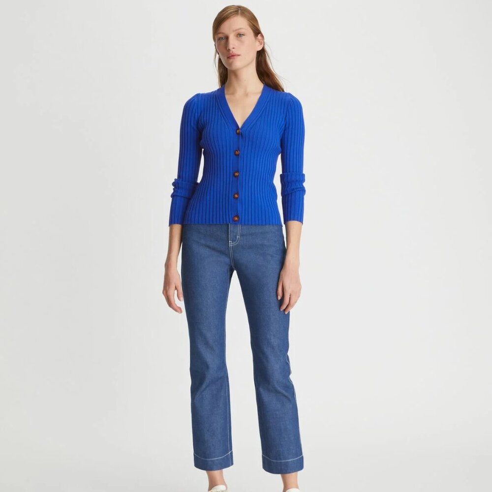 TORY BURCH Color-block Ribbed Cardigan Duchess Blue size S
